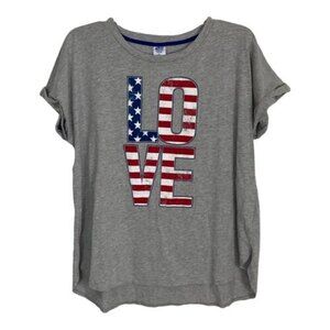 Love Patriotic Womens Tee Shirt Size XL 16/18 Made in USA Gray Short Sleeve Cuff